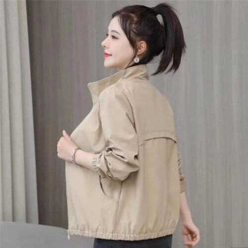 Women Short Jackets Spring Autumn 2021 Zipper Baseball Uniform Female Windbreaker Lining Stand-up Collar Coat Top Red Khaki 348