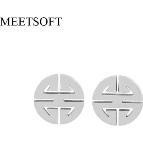 MEETSOFT 925 Sterling Silver Prevent Allergy Chinese Blessing Round Stud Earrings for Women Jewelry Gift