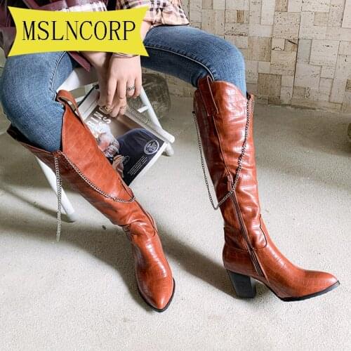 Plus Size 34-46 Black Knee High Boots Western Cowboy Boots for Women Long Winter Boots Pointed Toe Cowgirl Motorcycle Boots