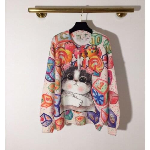 2021 Spring WomenS Knit Sweater Mink Velvet Korean Fashion Loose Large Size Cartoon Long-Sleeved Round Neck Pullover Thick