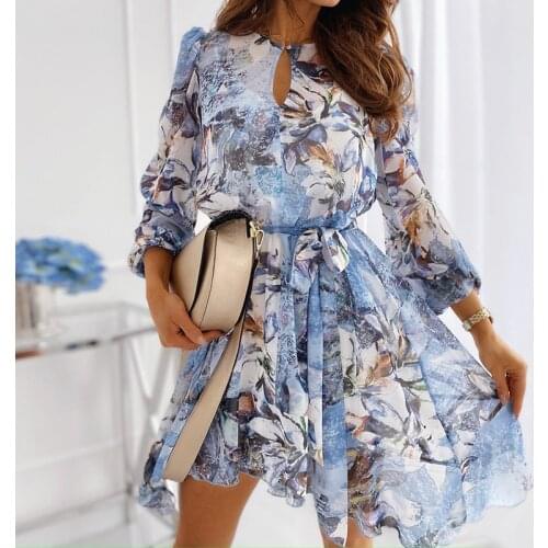 Women Autumn Flower Print Dress Chiffon Elegant Long Sleeve Ruffles Party Dress 2021 Irregular Female A Line Office Vestidos