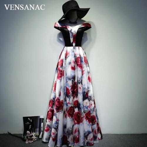 VENSANAC Floral Print V Neck A Line Long Evening Dresses Elegant Short Sleeve Party Lace Pattern Prom Gowns