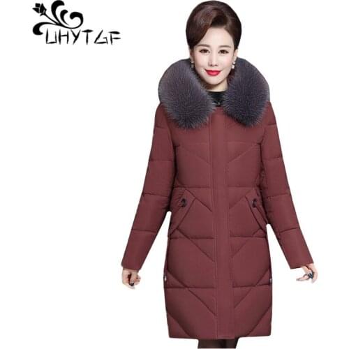 UHYTGF hooded winter jacket woman fur collar down jacket casual plus size outerwear parker women wild cold-proof warm coats 1763