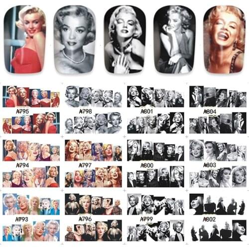 12 sheets water decal nail art nail sticker Decorations slider tattoo full Cover beauty Marilyn Monroe style decals A793-804