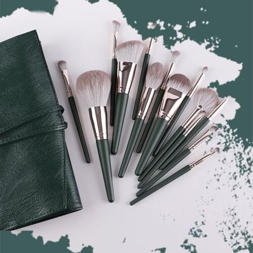14Pcs/Set Makeup Brush Soft Hair Uniform Shading With Storage Bag Green Cloud Makeup Brush Set for Beauty