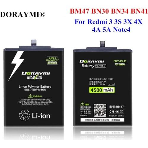 DORAYMI BM47 BN30 BN34 BN41 Battery for Xiaomi Redmi 3 3s 3x 4x 4A 5A Note 4 Replacement Phone Bateria