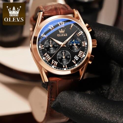 OLEVS Mens Watches Gift Top Luxury Brand Waterproof Sport Watch Chronograph Quartz Military Genuine Leather Relogio Masculino
