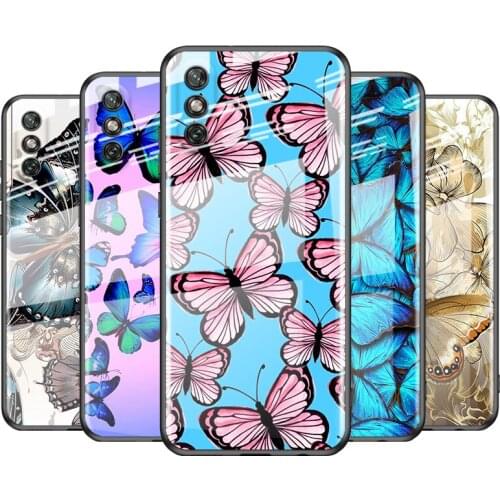 Tempered Glass Cover Pink Butterfly Fly For Huawei Y6 Y7 Y9 Y5P Y6P Y8S Y8P Y9A P Smart Z 2019 2020 2021 Phone Case