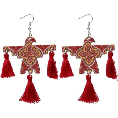 Wooden Macrame Tassel Earrings Western Thunderbird Cow Bohemia Print Unique Trendy Retro Vintage Statement Geometric Earrings