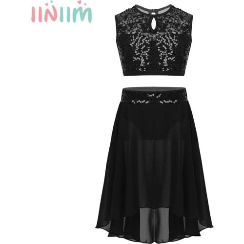 Iiniim Kids Girls Sleeveless Sequined Crop Top with Dipped Hem Chiffon Skirt Set for Lyrical Dance Costumes Ballet Performance