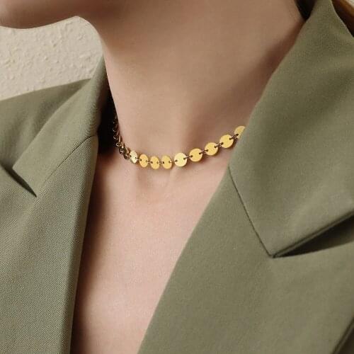 Europe and the United States ins wind chocker geometric wafer necklace round collar neck chain titanium steel 18k gold jewelry