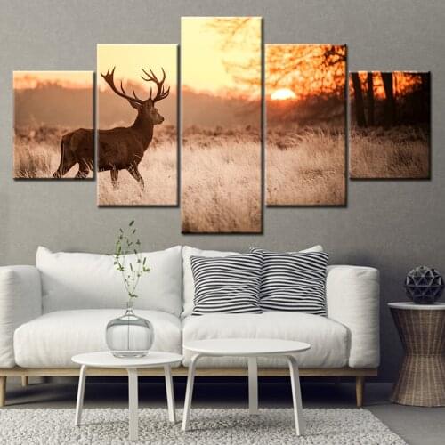 Canvas Painting Deer under dawn beautiful Scenery 5 Pieces Wall Art Painting Modular Wallpapers Poster Print Home Decor