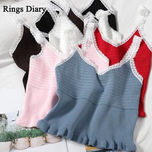 Rings Diary Summer Women Knitted Camisole V Neck Lace Strap Cropped Camis Top Solid Color Flounce Hem Sweet Going Out Cute Tops