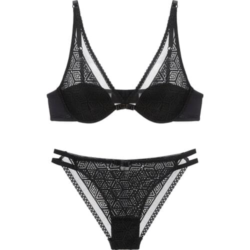 Sexy Deep V Plunge Bra and Panties Set Hollow Out Lace Bra Thin Cup Underwear Set Lingerie for Women