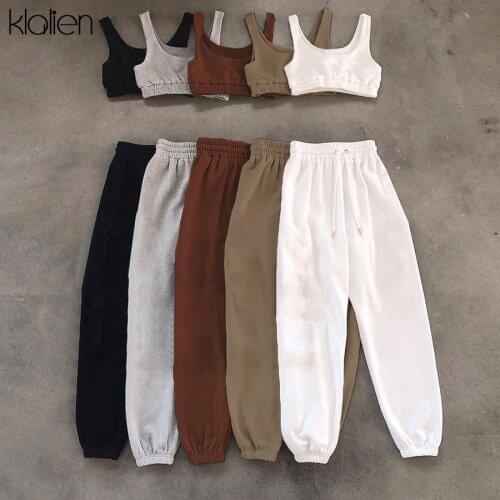 KLALIEN Women Summer Casual Sport Fitness Tank Top and Trousers Two Piece Set Simple Solid Slim Soft Cotton Tracksuit Female