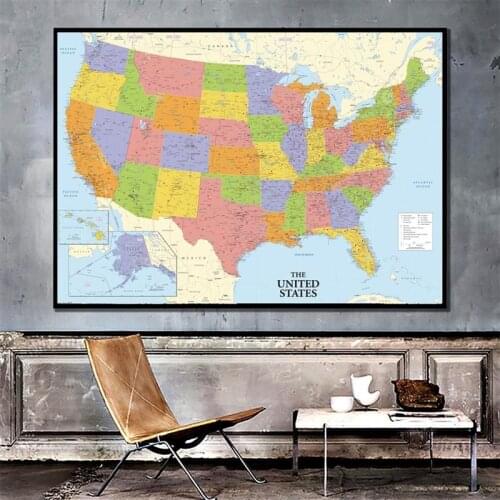 A2 Size Fine Canvas Printed Unframed Map of The United States Roll Packaged Wall Decor America Map for Home Office Decor