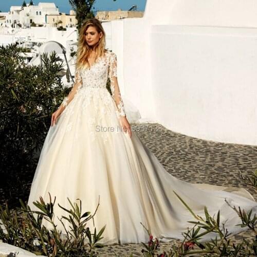 Light Champagne Ball Gown Wedding Dresses Long Sleeves Lace Appliques Robe De Mariee Illusion Court Train Vestido De Noiva