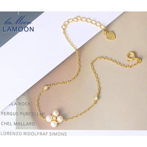 LAMOON Freshwater Pearl Bracelet For Women 925 Sterling Silver Womens Charm Bracelets 14K Gold Plated Fine Jewelry LMHI067