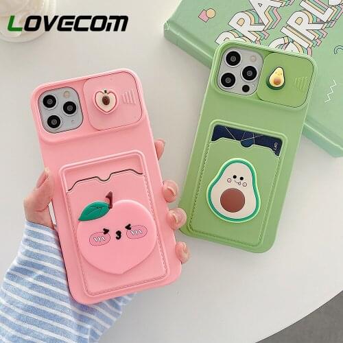 Cute 3D Cartoon Fruits Card Bag Wallet Phone Case For iPhone 11 12 Pro Max XS Max X XR 8 7 Plus Slide Lens Protection Soft Cover