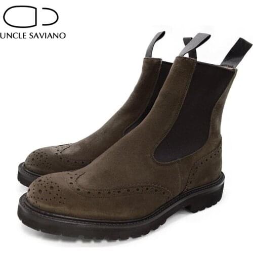 Uncle Saviano Brogue Suede Handmade Winter Mens Boots Shoes Fashion Work Basic Boots Add Velvet Designer High Top Shoes Men