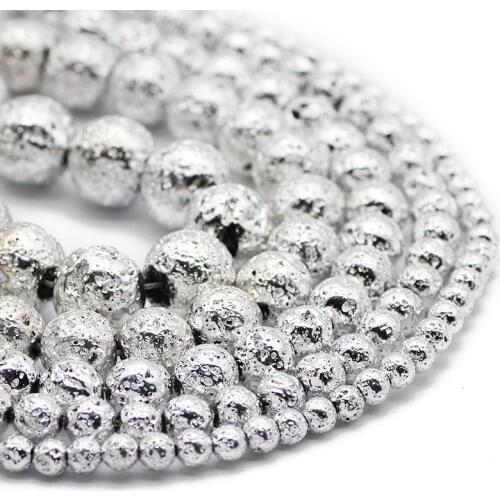 4/6/8/10/12MM Natural Lava Stone Bright silvers Volcanic rocks Spacer Round Loose Beads For DIY Jewelry Making Bracelet Findings