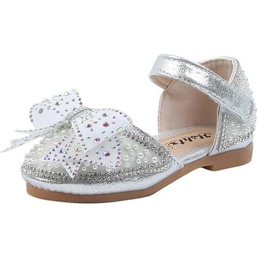2021 Spring and Summer New Girls Leather Shoes Female Baby Bow Crystal Half Sandals Girls Princess Dance Performance Shoes