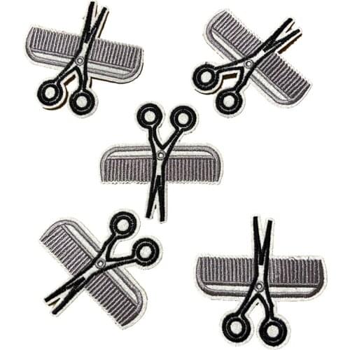 New Arrival 8 x 8 cm Scissors and Comb Embroidered Patches Iron on Embroidery Appliques for Clothes Bags DIY Decoration 5pcs/lot