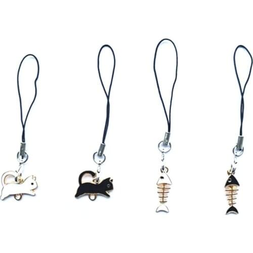 2021 New Design 1 Piece High Quality Metal Cat Fish Mobile Phone Strap Keychains Decoration Kawaii Lanyard Wrist Keychain