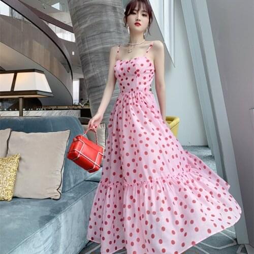 High-end Women Dresses Summer Elegant Sexy Spaghetti Strap Strapless Vacation Dress Women Lady Pink Dot Vintage Dress Vestidos