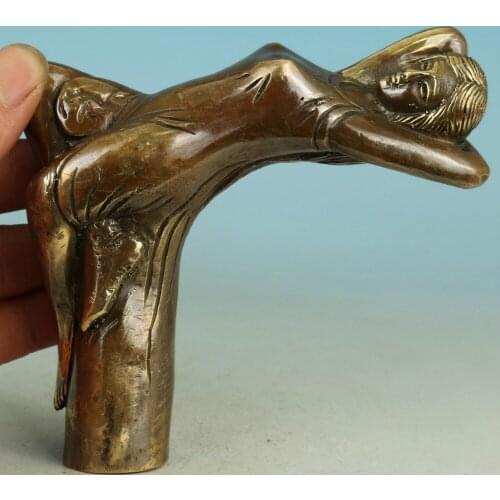 Old Chinese Bronze Handmade Carved belle Collect Statue Walking Stick Head