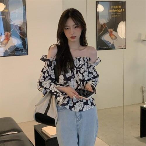 Loose Blouse Womens Tops Floral Off Shoulder Slash Neck Long Sleeve Autumn Style Crop Top Fashion Chic Shirts Female New