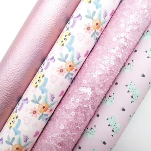 Twinkling Twinkling Pink Sequins Glitter Fabric Leather Dinosaur Flowers Printed Synthetic Faux FabricFelt Backing 21X29CM KM582