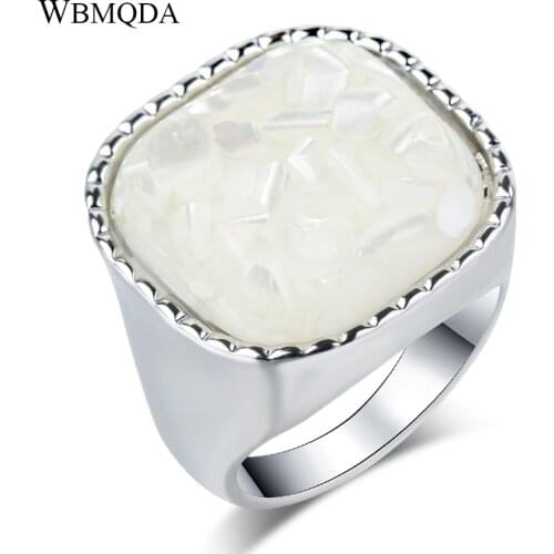 Wbmqda Vintage Tibetan Silver Square Shell Stone Ring For Women Statement Beach Boho Jewlery Big Ring Gift