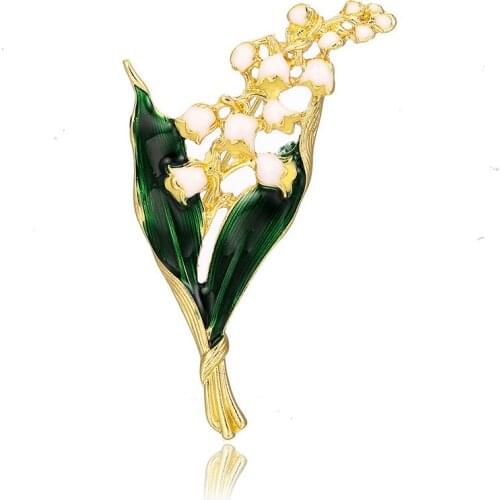 Vintage Style Gold Floral Green Leaf Brooch Trendy Alloy Enamel Lily Valley Gold Color Personality Brooch Pin Jewelry for Women