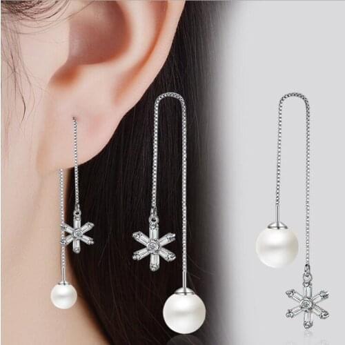 KOFSAC New Fashion Pure Silver 925 Earrings For Women Luxury Crystal Flower Pearl Long Ear Line Fine Jewelry Christmas Gifts 243