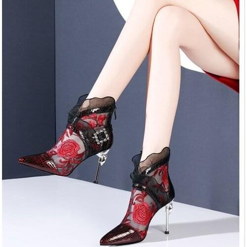 Womens fashion sandals Baotou hollow mesh boots high heels 2021 new summer lace crystal heel Roman shoes for women