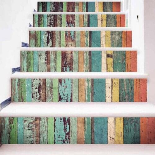 6Pcs Wood Grain Tile Floor Stair Sticker Bathroom Kitchen Decor Waterproof Mural