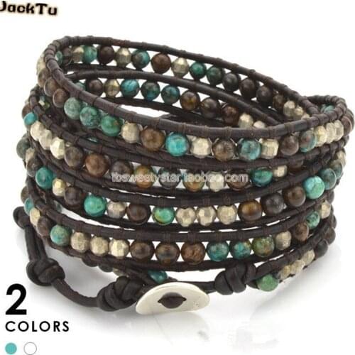 Bronzite natural stone beaded leather cord bracelet