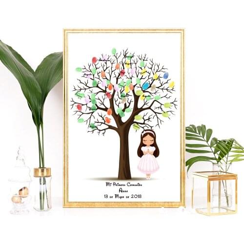 Customize Name Date For First Communion Gift For Girl Baptism Gift Fingerprint Tree with Angel Christening Baby Shower Decor