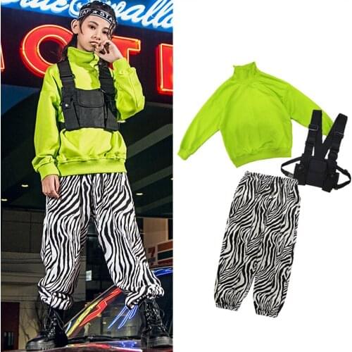 Hip Hop Dance Costume Children Autumn Winter Green Sweatshirt Tops Casual Pants Hiphop Vest Suit Jazz Show Clothing Wear VDB2948