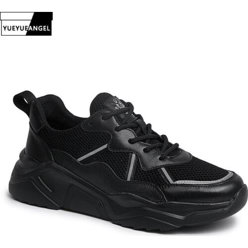 Men Genuine Leather Patchwork Casual Shoes Street Platform White Sneakers Spring Summer Breathable Outdoor Mesh Splice Trainers