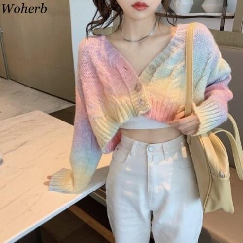 Woherb Rainbow Knitted Cardigan Sweater Female Sweet Single-breasted Cropped Sweaters Long Sleeve Candy Casual Cardigans