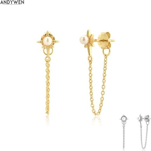 ANDYWEN 925 Sterling Silver Pearl Snowflower Stud Earring Rock Punk Long Chain Piercing Pendiente Luxury Fashion Jewelry