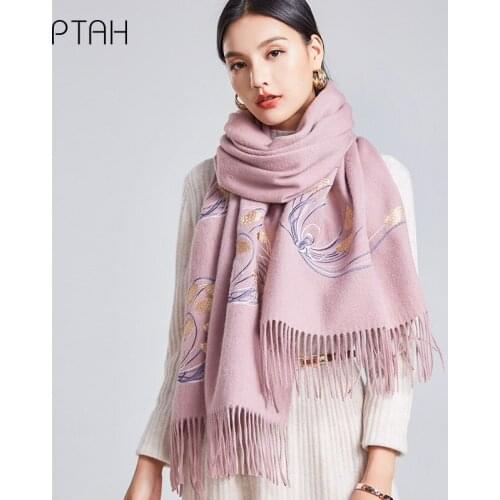 [PTAH] Women Thick Soft Cashmere Wool Shawl Wrap Scarf Warmer Stole Embroidery Women Autumn Winter Temperament Scarves 200*60cm