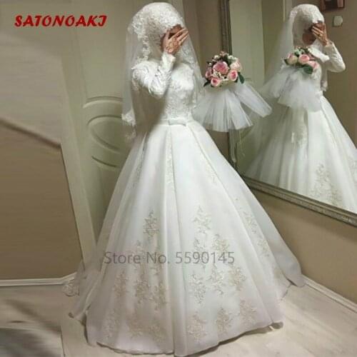 Modern Muslim Wedding Dress Ball Gown High Neck Long Sleeves Bow Sash Lace Applique India Bridal Vestido De Novia Mariage Online