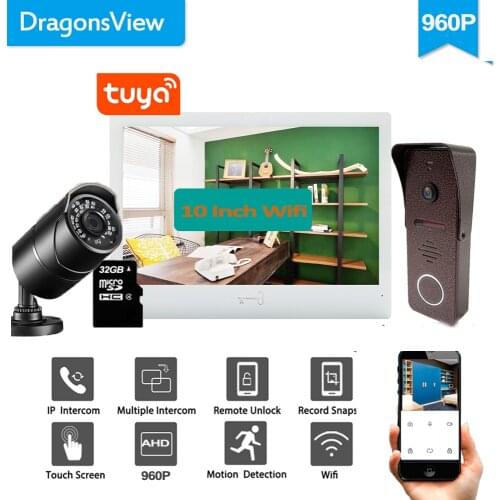 Dragonsview 10 inch 960P Wifi Video Intercom Wireless Door Phone System Touch Screen HD Tuya App Unlock Record SD Card