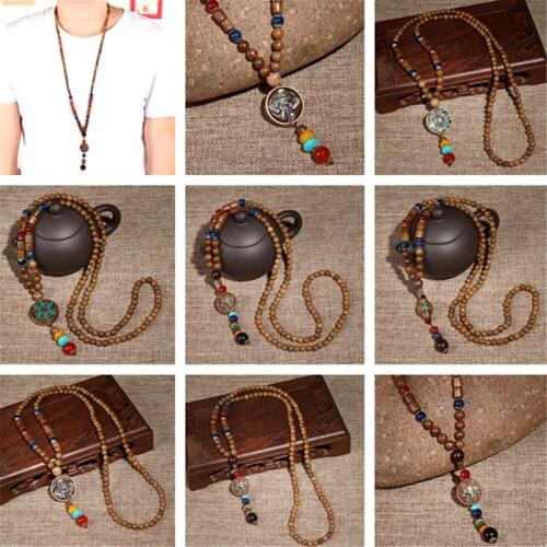 Vintage Ethnic Boho Wood Beaded Agate Glass Beads Round Pendant Long Necklace