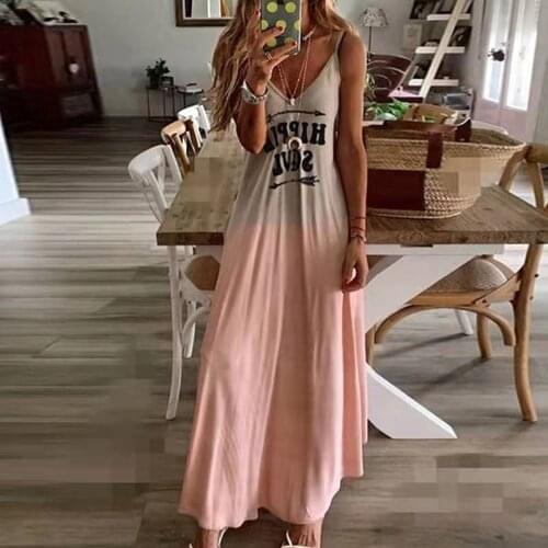 Vintage Women Letter Print Beach Dress Summer V-neck Sleeveless Sling Dresses Female Long Beach Dresses Sundress Vestidos