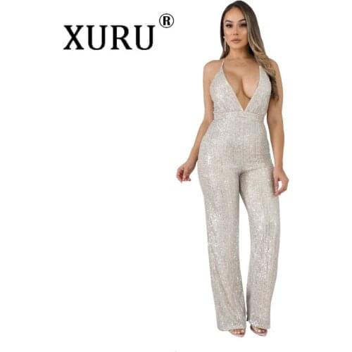 XURU Europe and The New Womens Sequins Jumpsuit Nightclub Sexy Strapless Halter Jumpsuit