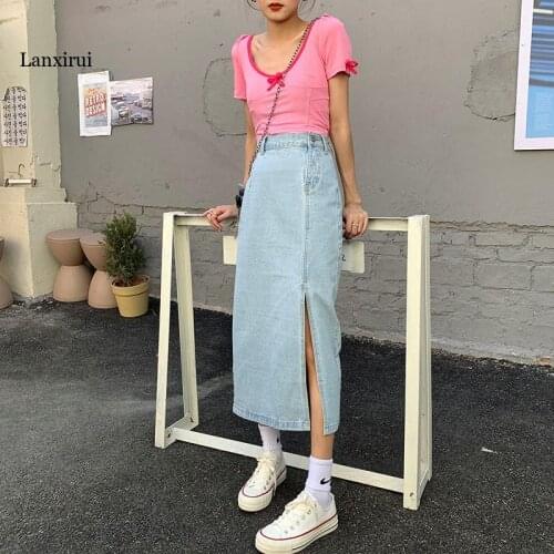 High Waist Skirt Casual Denim Blue Long Skirts For Women Plus Size Korean Jean Skirts For Ladies Harajuku